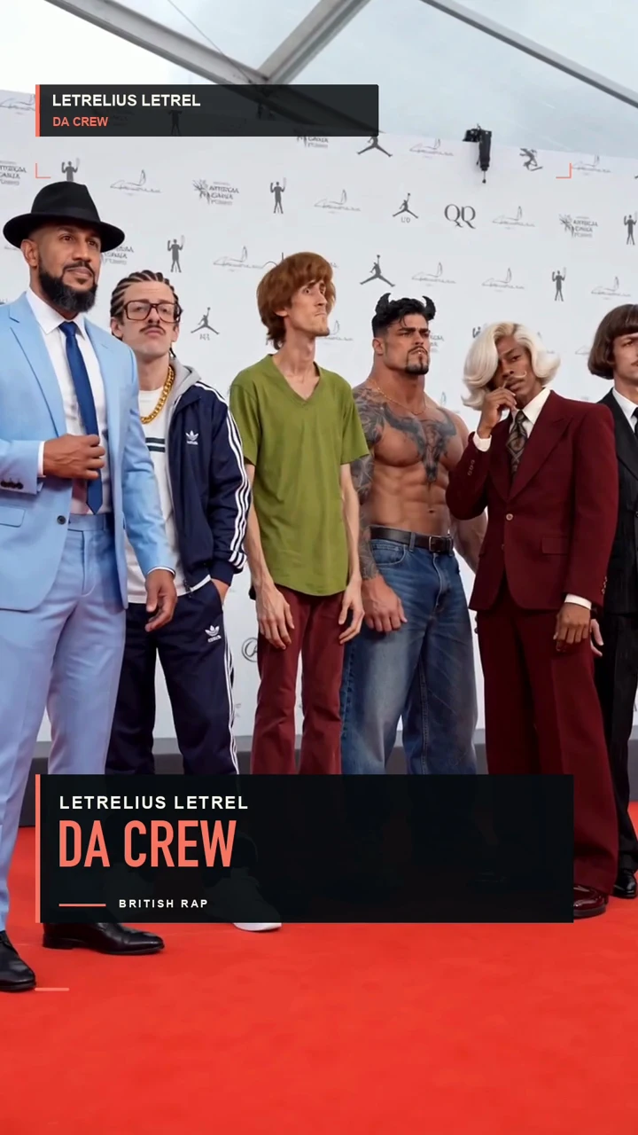 Letrelius and DA crew standing together on a fictional red carpet, with DA CREW title artwork.