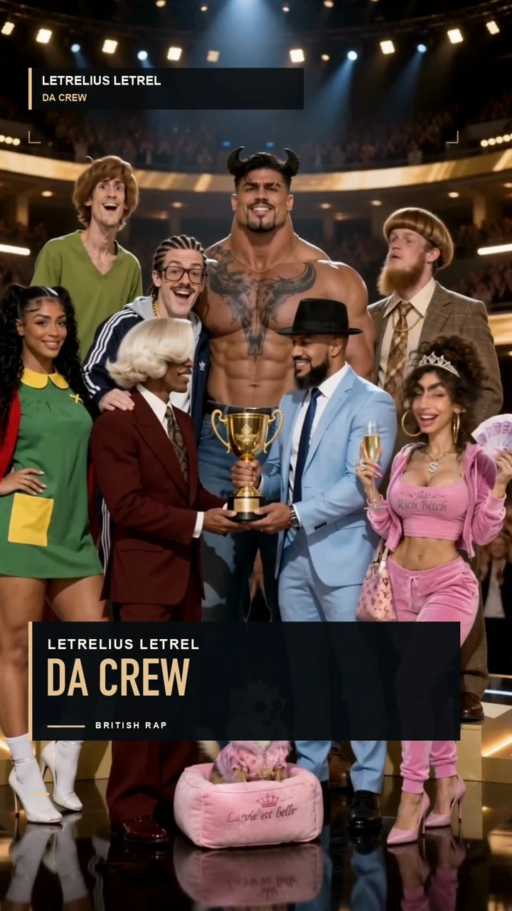 Letrelius and the fictional crew gathered around a trophy inside a theatre.