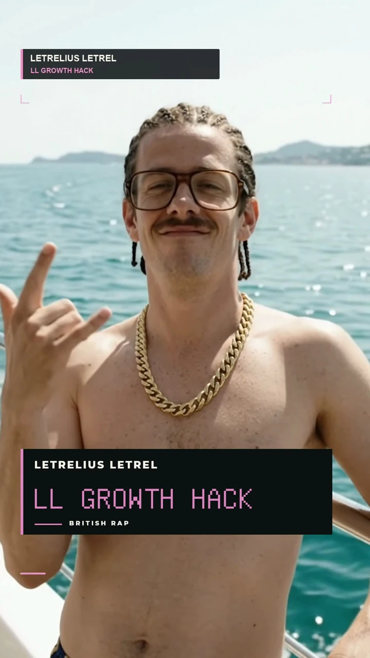 Letrelius with glasses and a gold chain by the water beneath LL GROWTH HACK title graphics.