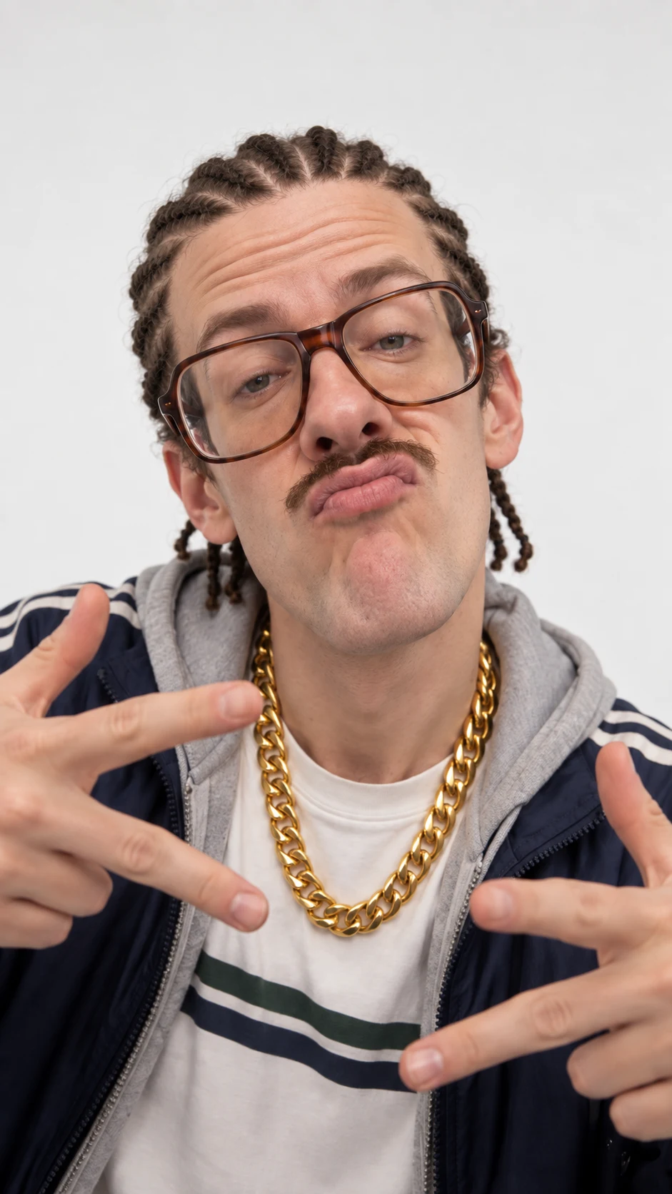 Letrelius Letrel, the fictional AI rapper, wearing glasses, a gold chain and a navy tracksuit.