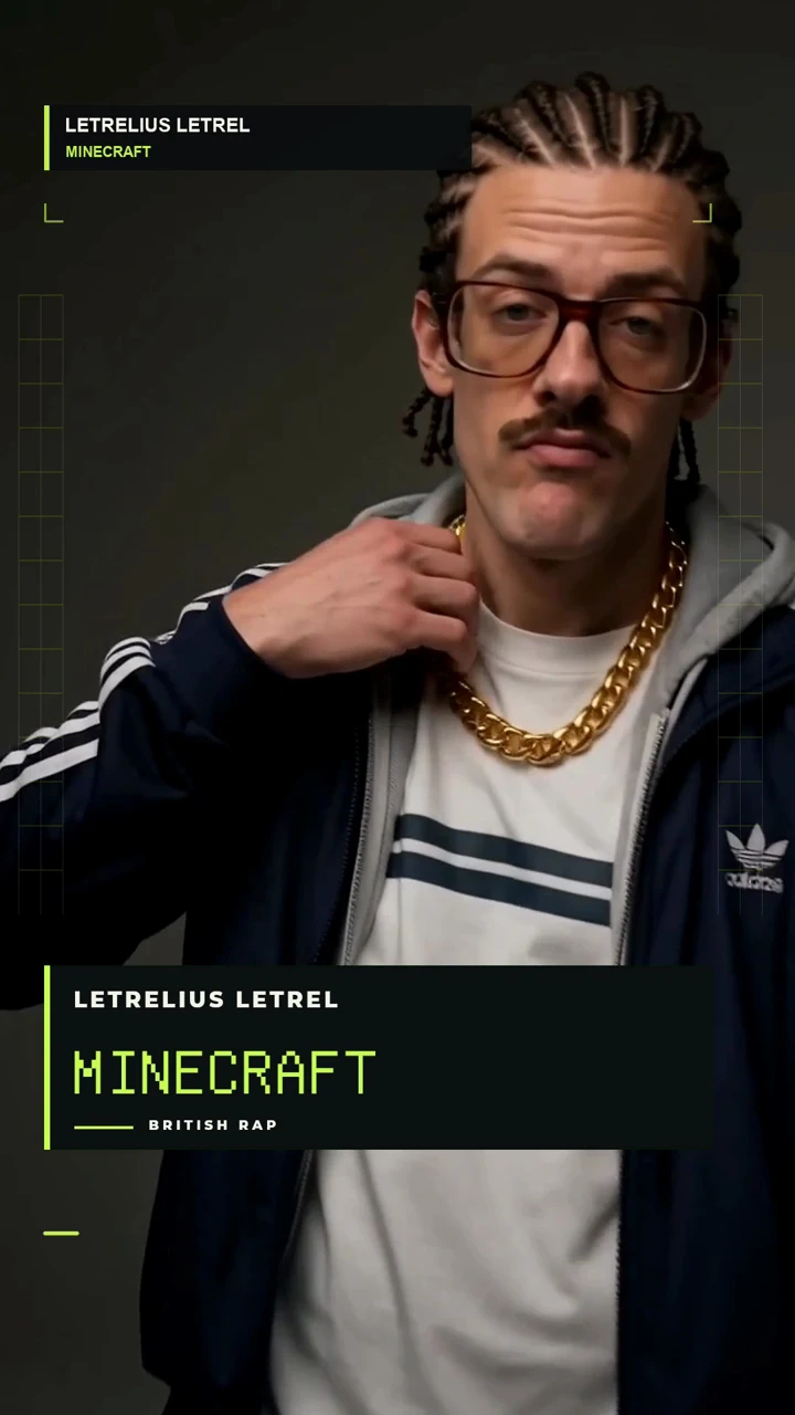 Close portrait of Letrelius in a navy tracksuit with green MINECRAFT title graphics.