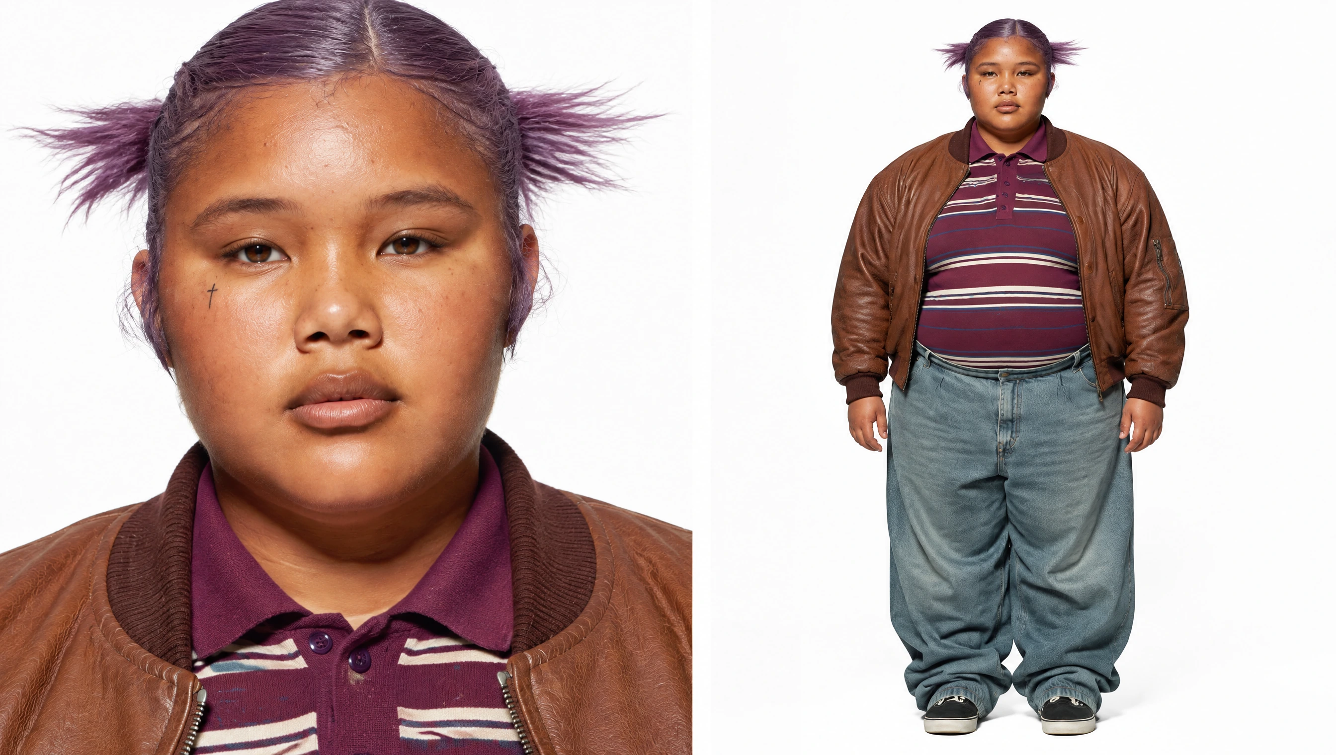 Miss Letrel character reference: purple hair, brown leather jacket, striped shirt and wide-leg denim