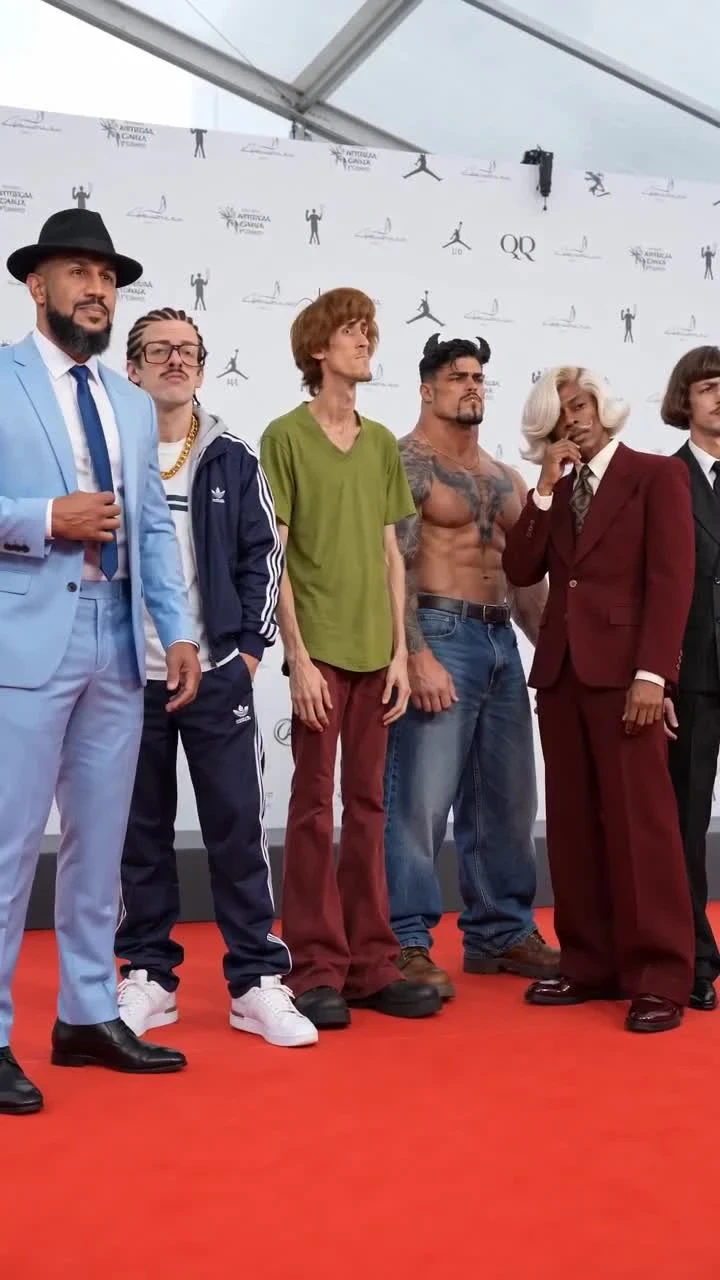 Letrelius in his navy tracksuit standing among DA crew on a fictional red carpet.