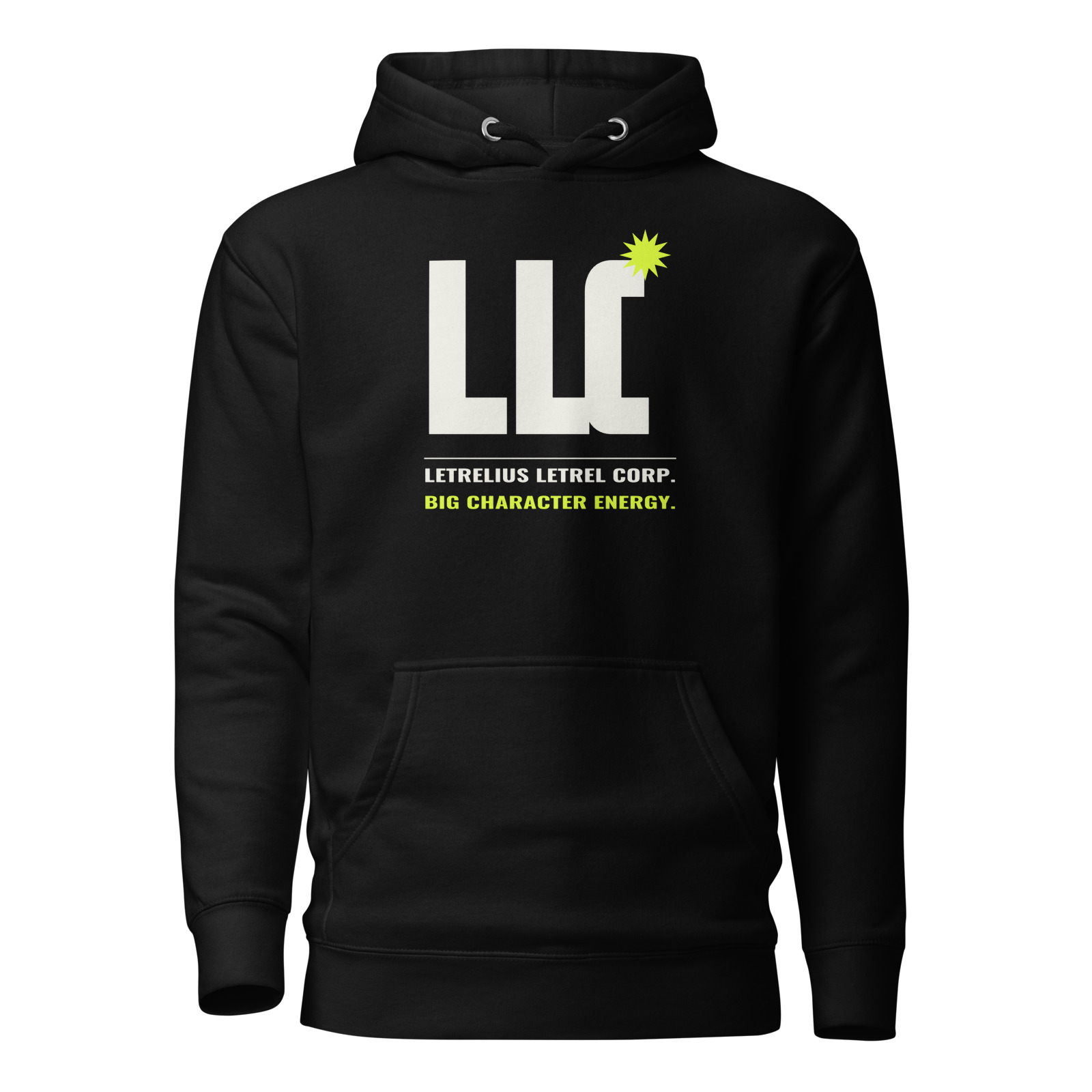 LLC Core Hoodie in Black, front view. Printful product mockup.