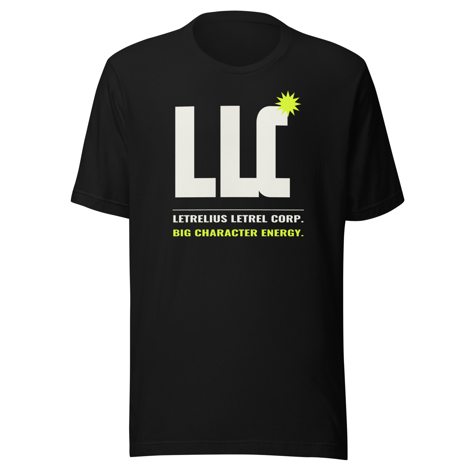 LLC Core Tee in Black, front view. Printful product mockup.