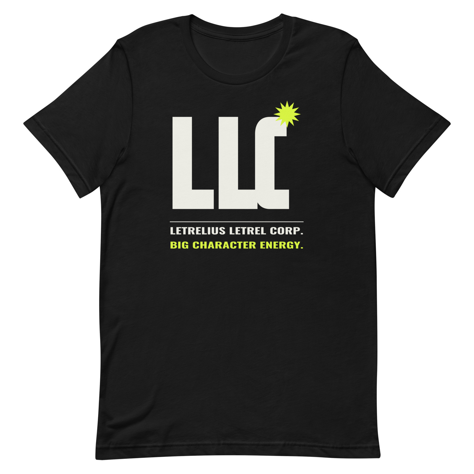 LLC Core Tee in Black, front view. Printful product mockup.
