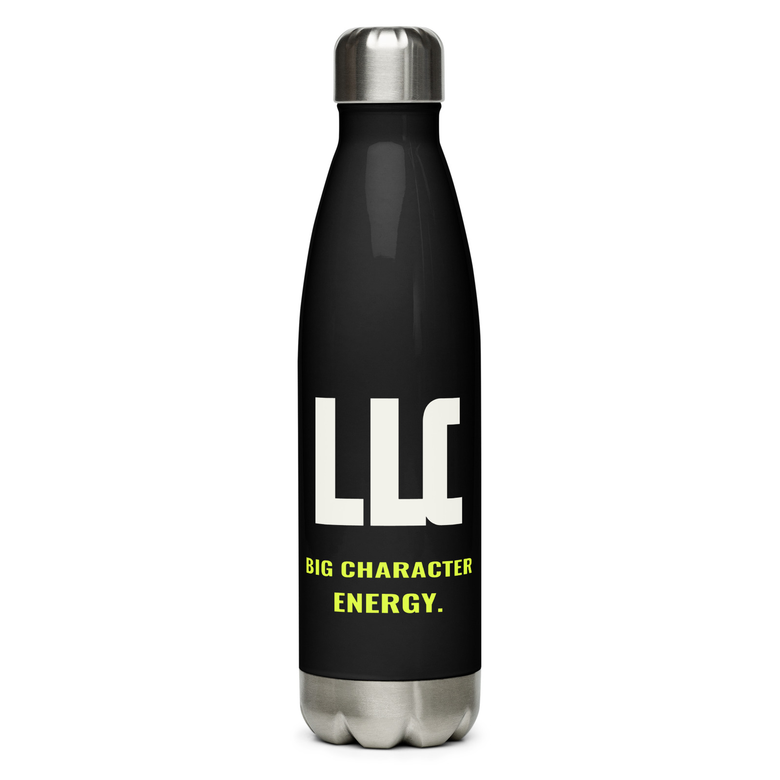 LLC Core Water Bottle, Flat Right. Printful product mockup.