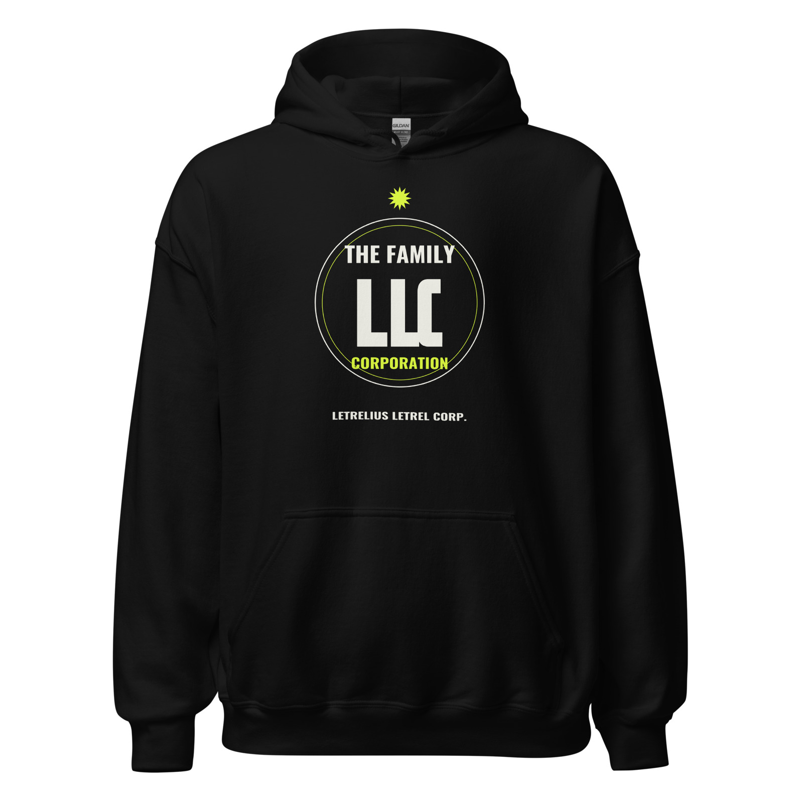 LLC Family Hoodie in Black, front view. Printful product mockup.