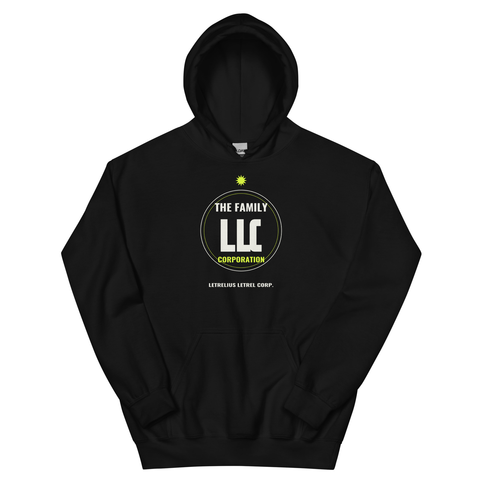 LLC Family Hoodie in Black, front view. Printful product mockup.