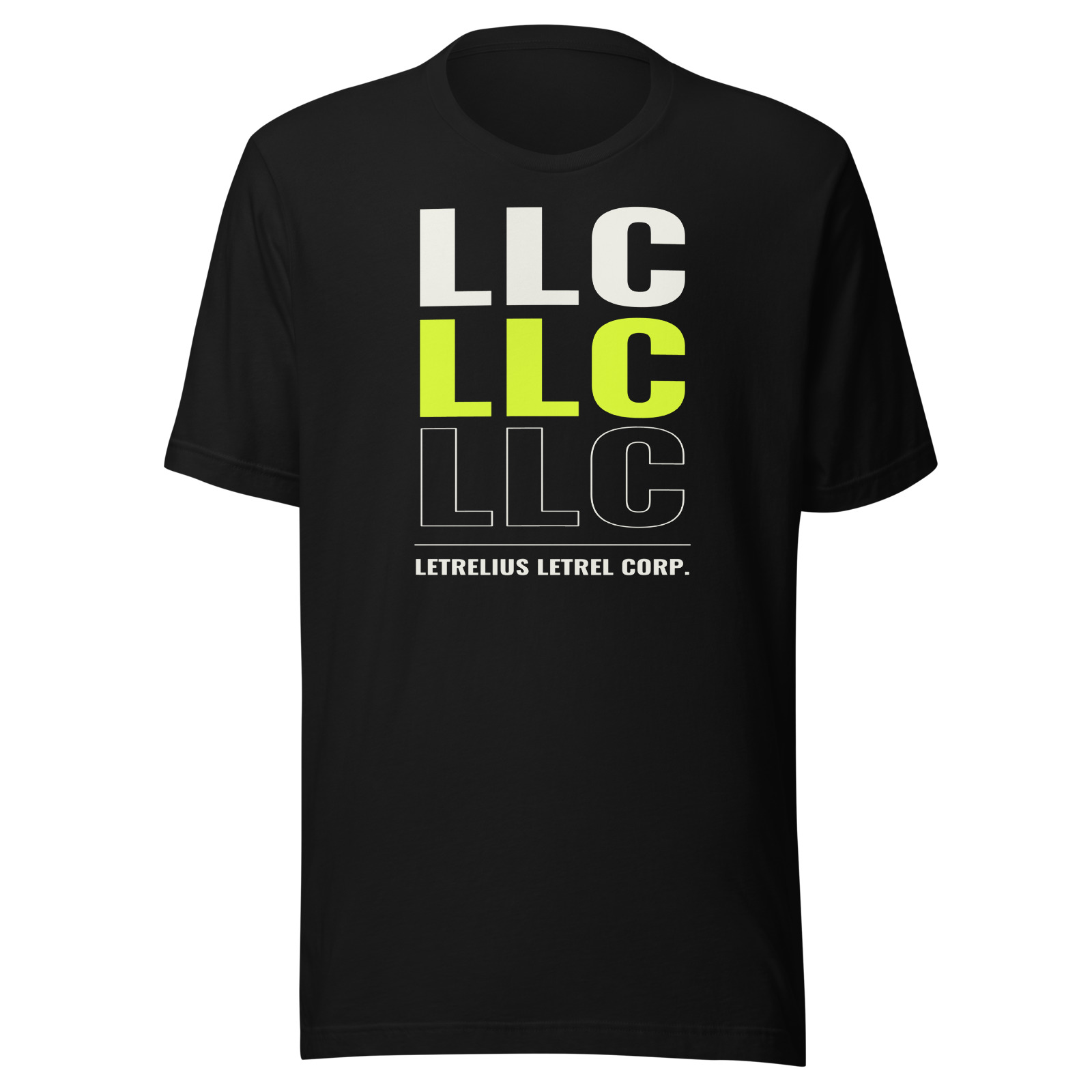 LLC Headliner Tee in Black, front view. Printful product mockup.