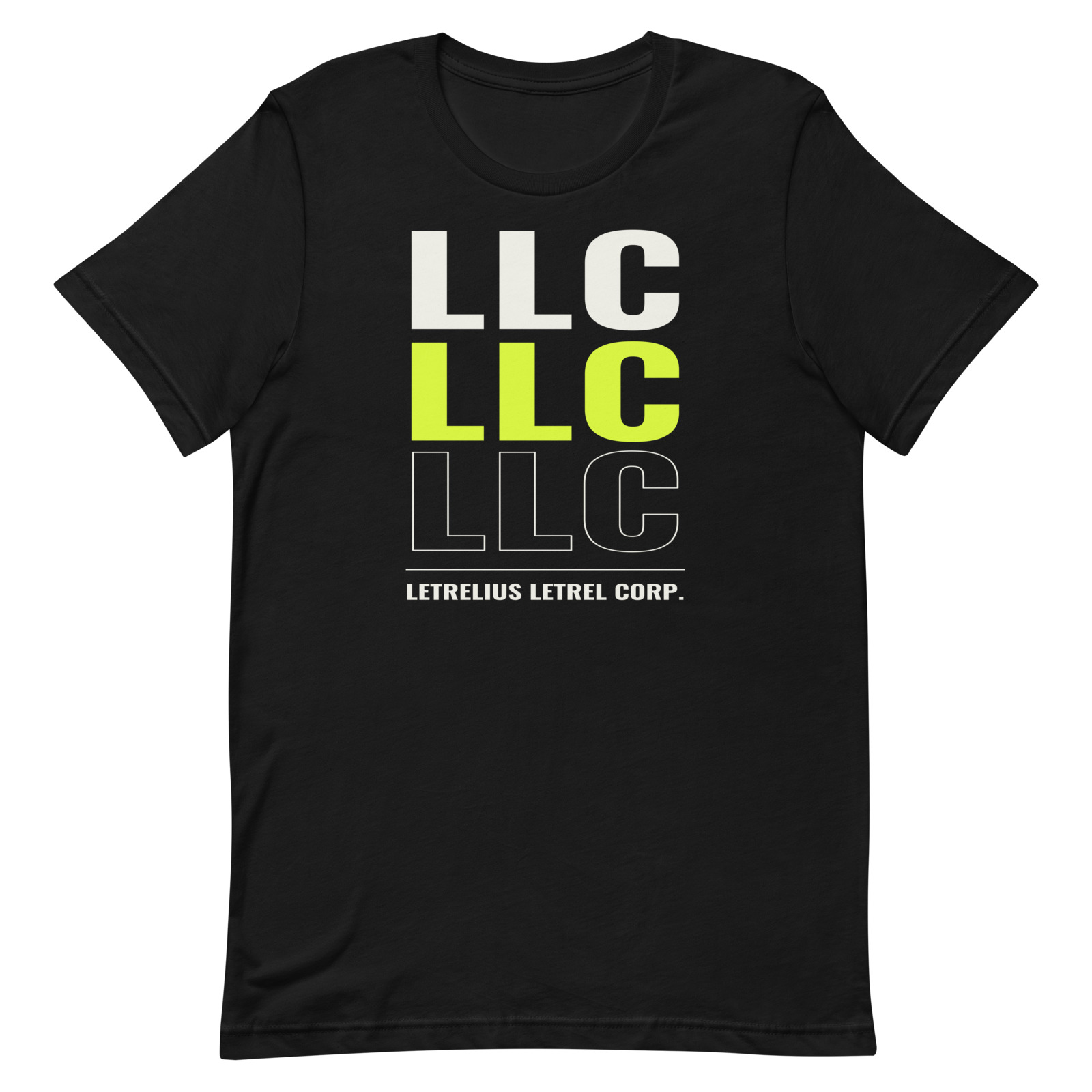 LLC Headliner Tee in Black, front view. Printful product mockup.