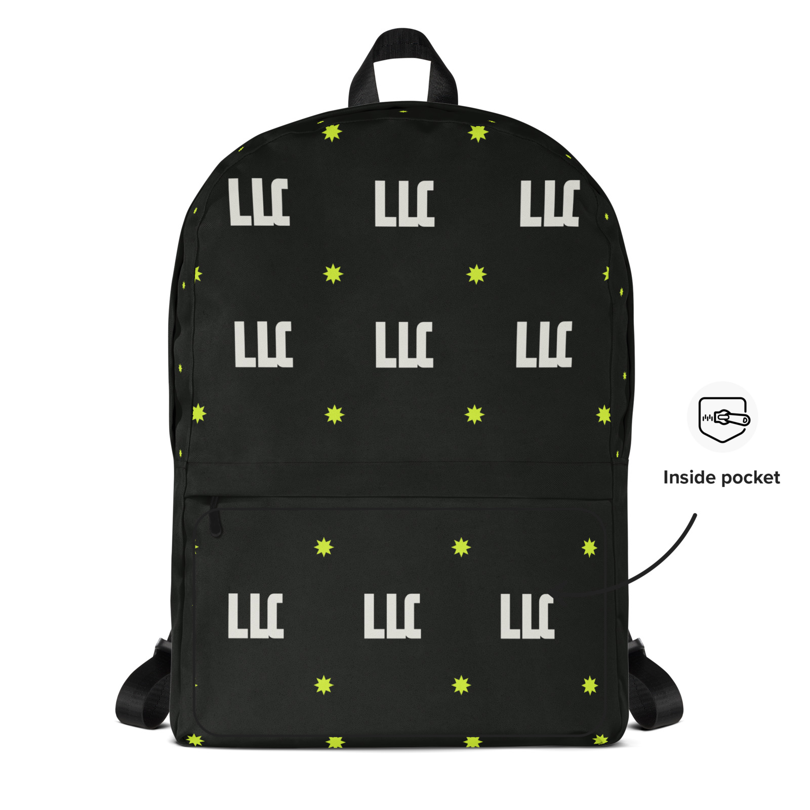 LLC Monogram Backpack, top. Printful product mockup.