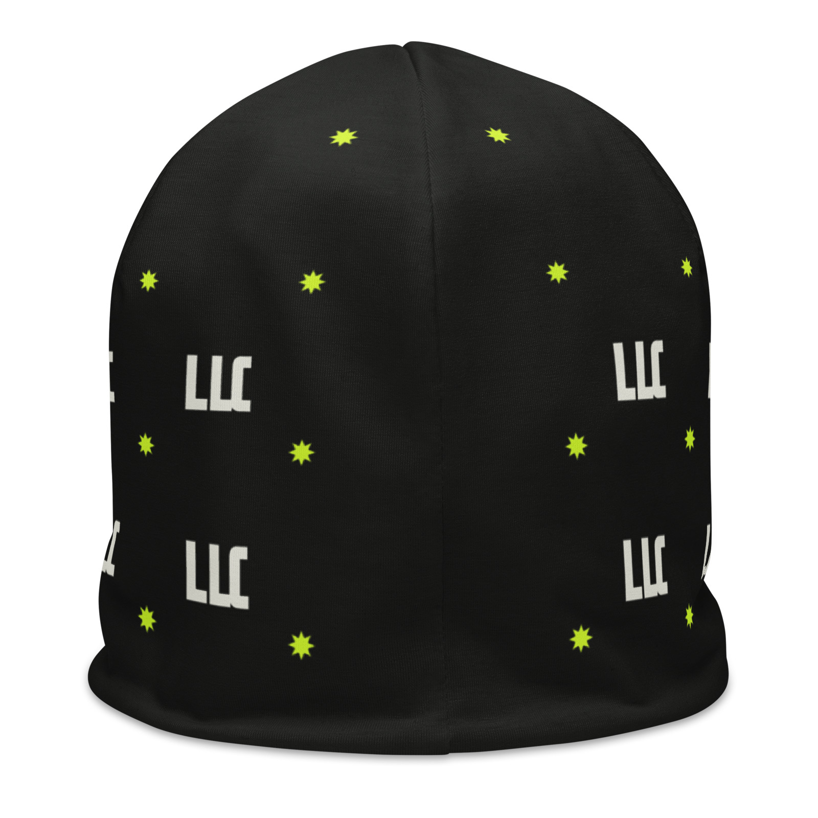 LLC Monogram Beanie, Flat Back. Printful product mockup.