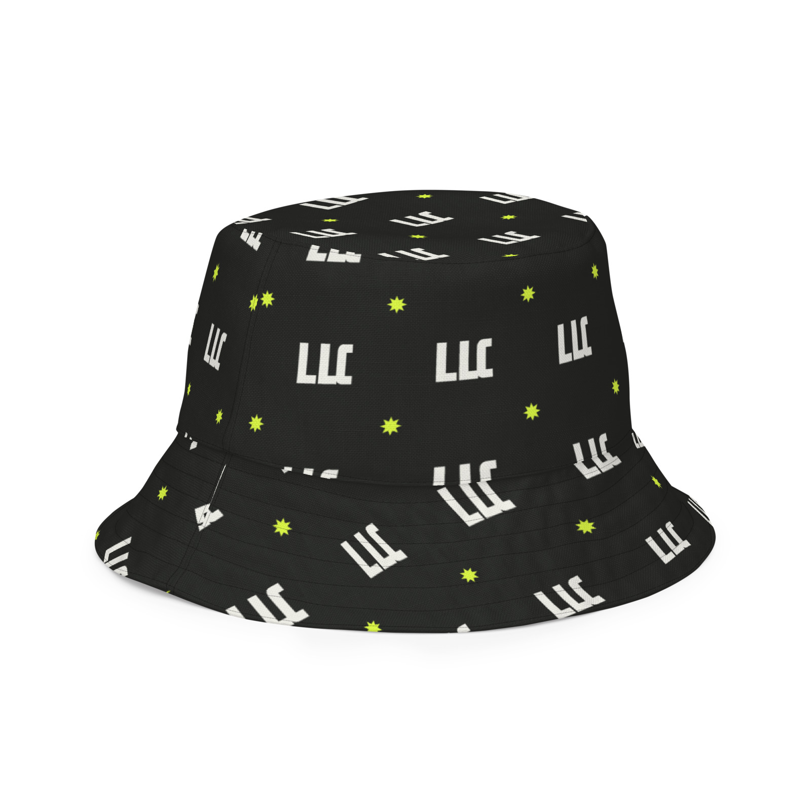 LLC Reversible Bucket Hat, Flat Right Front Outside. Printful product mockup.