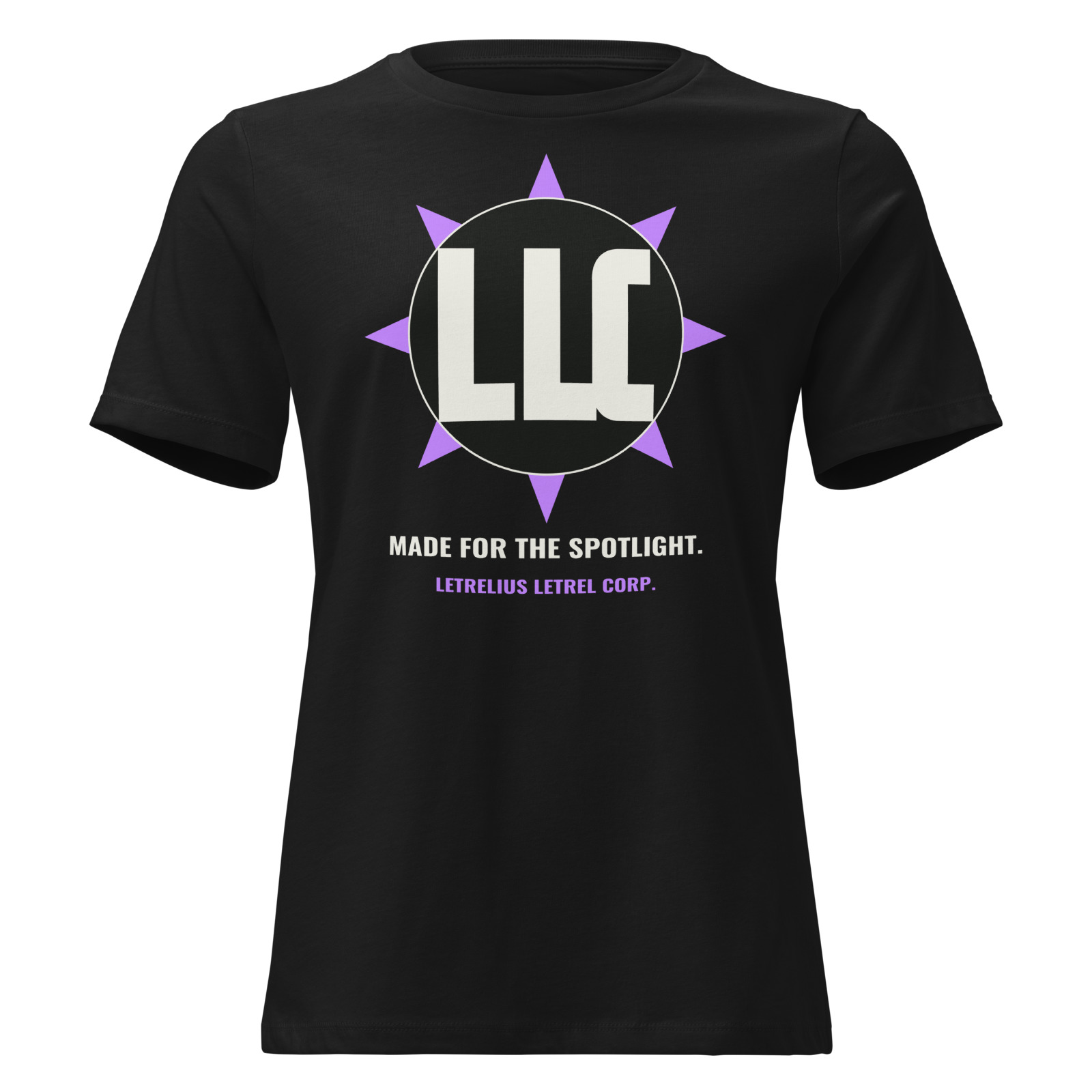 LLC Spotlight Relaxed Tee in Black, front view. Printful product mockup.