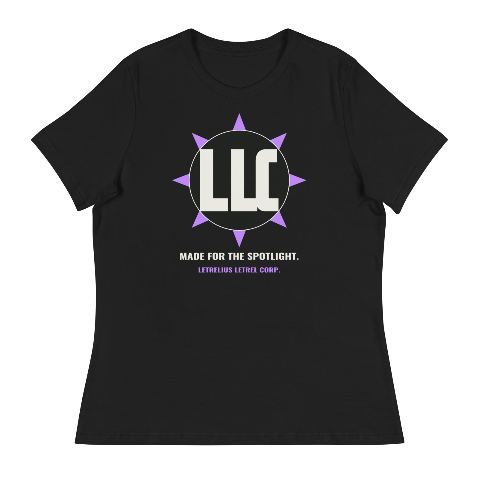 LLC Spotlight Relaxed Tee in Black, front view. Printful product mockup.