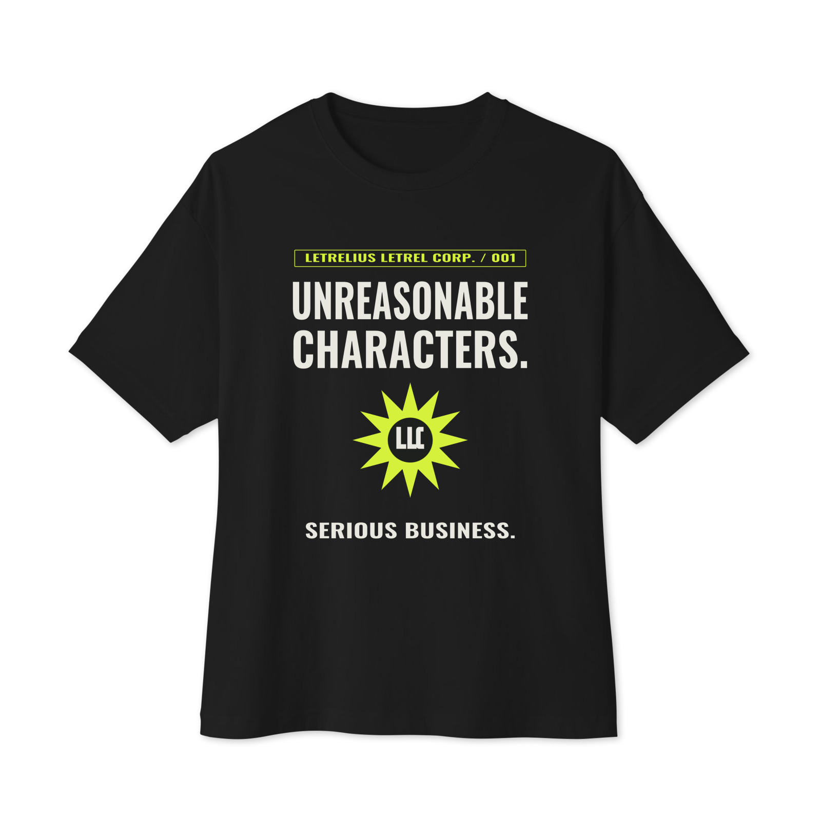 LLC Unreasonable Boxy Tee in Black, front view. Printful product mockup.